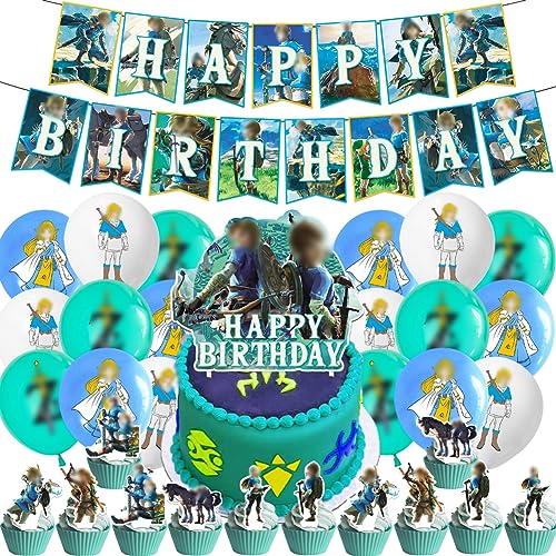 Ropniik Zel-da Birthday Party Supplies, 32 Pieces Zel da Theme Party Decoration, Includes Happy Birthday Banner, Cake & Cupcake Topper for Zel da Theme Birthday Party von Ropniik