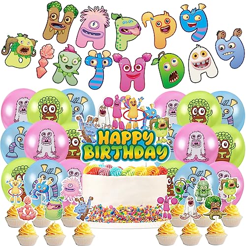 Monsters Birthday Party Supplies, 32 PCS Singing Monsters Theme Party Decorations, Include Happy Birthday Banner, Cupcake Toppers, Balloons, Singing Monsters Kids Party Supplies von Ropniik