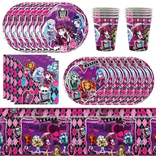 Ropniik 51 Stück Monster Hoch Partygeschirr,Monster Girl Geschirrset Monster Dolls Schule Deko Geburtstag Party Supplies Teller Tischdecken Servietten Party Geburtstag Deko Für 10 Gäste von Ropniik