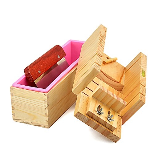 RoseFlower 3 Stück DIY Seifen Silikonform Set, 10.71'' Praktische Verstellbar Holz Seifenschneider Handgefertigt Seife DIY Werkzeug + 1,2 kg rechteckige Silikon Seife Form mit Holzkasten von RoseFlower