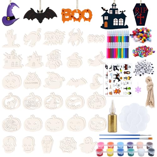 294 Stück Halloween Holzanhänger zum Bemalen, DIY Deko Set mit Fledermaus Hexe Spinne Anhänger, Aquarellstift, Schnur, Pinsel, Pigmente Palette für Kinder 294 Stück Halloween Holzanhänger zum Bemalen, DIY Deko Set mit Fledermaus Hexe Spinne Anhänger, Aquarellstift, Schnur, Pinsel, Pigmente Palette für Kinder von Roselee