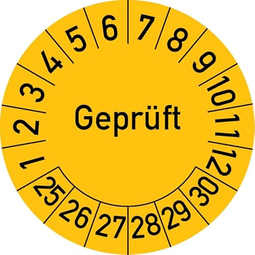 Geprüft Prüfplakette, 100 Stück, in verschiedenen Farben und Größen, Prüfetikett Prüfsiegel Plakette (25 mm Ø, Gelb) von Rosenbaum Offsetdruck