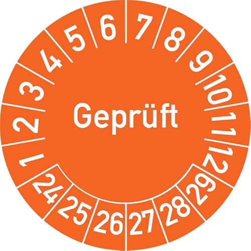 Geprüft Prüfplakette, 100 Stück, in verschiedenen Farben und Größen, Prüfetikett Prüfsiegel Plakette (25 mm Ø, Orange) von Rosenbaum Offsetdruck