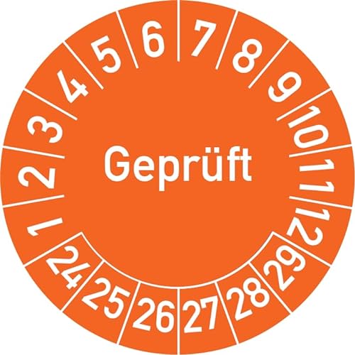 Geprüft Prüfplakette, 250 Stück, in verschiedenen Farben und Größen, Prüfetikett Prüfsiegel Plakette (25 mm Ø, Orange) von Rosenbaum Offsetdruck