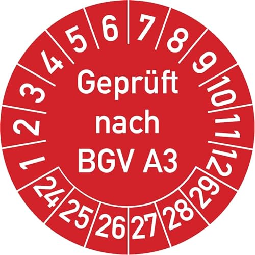 Geprüft nach BGV A3 Prüfplakette, 250 Stück, in verschiedenen Farben und Größen, Prüfetikett Prüfsiegel Plakette (25 mm Ø, Rot) von Rosenbaum Offsetdruck