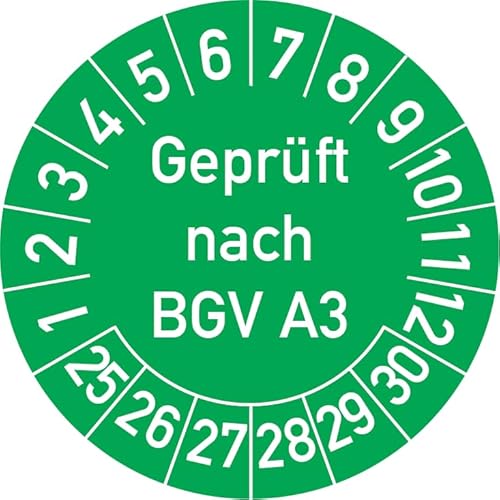 Geprüft nach BGV A3 Prüfplakette, 250 Stück, in verschiedenen Farben und Größen, Prüfetikett Prüfsiegel Plakette (30 mm Ø, Grün) von Rosenbaum Offsetdruck