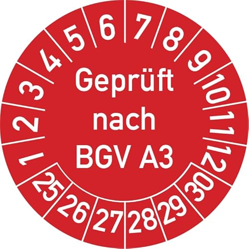 Geprüft nach BGV A3 Prüfplakette, 250 Stück, in verschiedenen Farben und Größen, Prüfetikett Prüfsiegel Plakette (30 mm Ø, Rot) von Rosenbaum Offsetdruck
