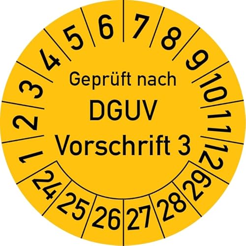 Geprüft nach DGUV Vorschrift 3 Prüfplakette, 100 Stück, in verschiedenen Farben und Größen, Prüfetikett Prüfsiegel Plakette DGUV V3 (20 mm Ø, Gelb) von Rosenbaum Offsetdruck