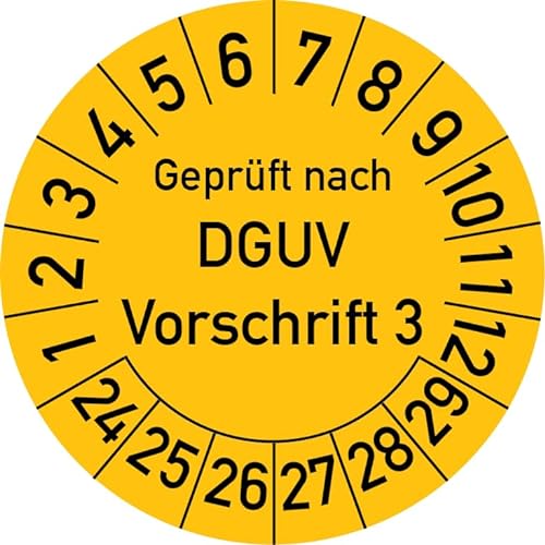 Geprüft nach DGUV Vorschrift 3 Prüfplakette, 100 Stück, in verschiedenen Farben und Größen, Prüfetikett Prüfsiegel Plakette DGUV V3 (20 mm Ø, Gelb) von Rosenbaum Offsetdruck