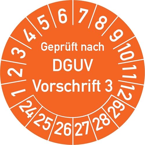 Geprüft nach DGUV Vorschrift 3 Prüfplakette, 250 Stück, in verschiedenen Farben und Größen, Prüfetikett Prüfsiegel Plakette DGUV V3 (30 mm Ø, Orange) von Rosenbaum Offsetdruck