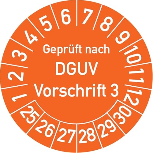 Geprüft nach DGUV Vorschrift 3 Prüfplakette, 500 Stück, in verschiedenen Farben und Größen, Prüfetikett Prüfsiegel Plakette DGUV V3 (30 mm Ø, Orange) von Rosenbaum Offsetdruck