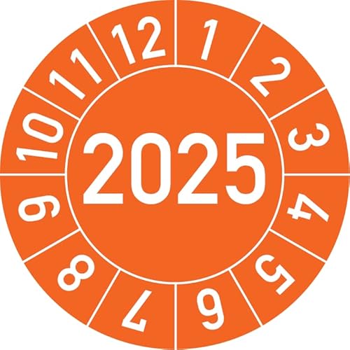 Jahresprüfplakette 2025 in verschiedenen Farben und Größen, 100 Stück, Prüfetikett Prüfplakette Jahresplakette (25 mm Ø, Orange) von Rosenbaum Offsetdruck