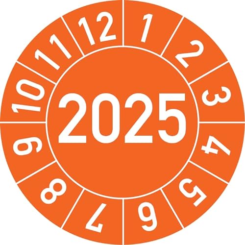 Jahresprüfplakette 2025 in verschiedenen Farben und Größen, 100 Stück, Prüfetikett Prüfplakette Jahresplakette (25 mm Ø, Orange) von Rosenbaum Offsetdruck