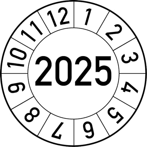 Jahresprüfplakette 2025 in verschiedenen Farben und Größen, 100 Stück, Prüfetikett Prüfplakette Jahresplakette (30 mm Ø, Weiß) von Rosenbaum Offsetdruck
