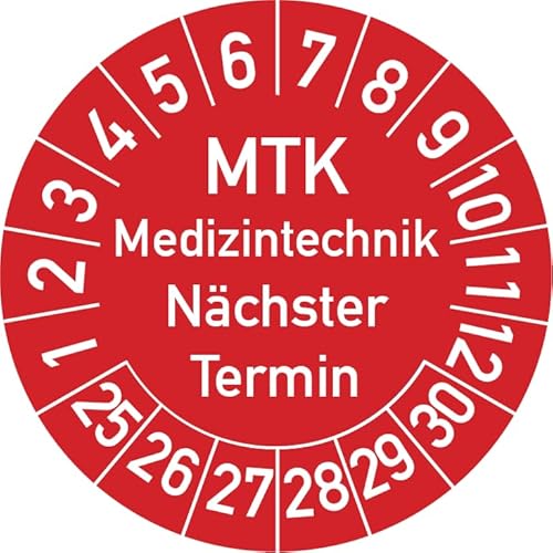 MTK Medizintechnik Nächster Termin Prüfplakette, 100 Stück, in verschiedenen Farben und Größen, Prüfetikett Prüfsiegel Plakette MTK Prüfung (20 mm Ø, Rot) von Rosenbaum Offsetdruck