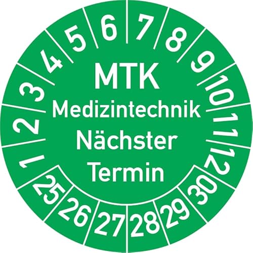 MTK Medizintechnik Nächster Termin Prüfplakette, 100 Stück, in verschiedenen Farben und Größen, Prüfetikett Prüfsiegel Plakette MTK Prüfung (25 mm Ø, Grün) von Rosenbaum Offsetdruck
