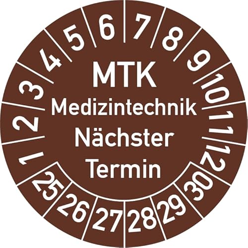 MTK Medizintechnik Nächster Termin Prüfplakette, 100 Stück, in verschiedenen Farben und Größen, Prüfetikett Prüfsiegel Plakette MTK Prüfung (30 mm Ø, Braun) von Rosenbaum Offsetdruck