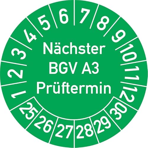 Nächster BGV A3 Prüftermin Prüfplakette, 500 Stück, in verschiedenen Farben und Größen, Prüfetikett Prüfsiegel Plakette (20 mm Ø, Grün) von Rosenbaum Offsetdruck