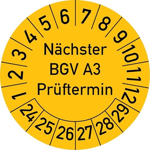 Nächster BGV A3 Prüftermin Prüfplakette, 500 Stück, in verschiedenen Farben und Größen, Prüfetikett Prüfsiegel Plakette (30 mm Ø, Gelb) von Rosenbaum Offsetdruck