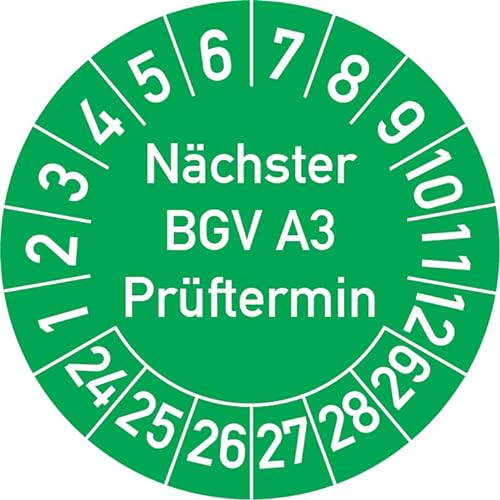Nächster BGV A3 Prüftermin Prüfplakette, 500 Stück, in verschiedenen Farben und Größen, Prüfetikett Prüfsiegel Plakette (35 mm Ø, Grün) von Rosenbaum Offsetdruck