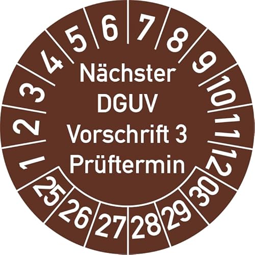 Nächster DGUV Vorschrift 3 Prüftermin Prüfplakette, 100 Stück, in verschiedenen Farben und Größen, Prüfetikett Prüfsiegel Plakette Nächste Prüfung DGUV V3 (20 mm Ø, Braun) von Rosenbaum Offsetdruck