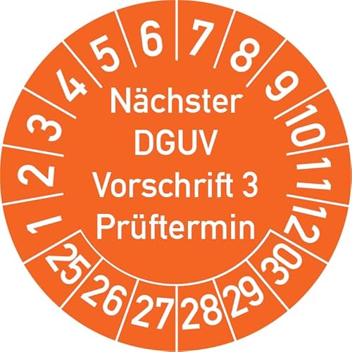 Nächster DGUV Vorschrift 3 Prüftermin Prüfplakette, 100 Stück, in verschiedenen Farben und Größen, Prüfetikett Prüfsiegel Plakette Nächste Prüfung DGUV V3 (20 mm Ø, Orange) von Rosenbaum Offsetdruck