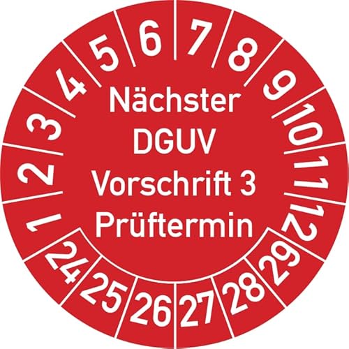 Nächster DGUV Vorschrift 3 Prüftermin Prüfplakette, 100 Stück, in verschiedenen Farben und Größen, Prüfetikett Prüfsiegel Plakette Nächste Prüfung DGUV V3 (20 mm Ø, Rot) von Rosenbaum Offsetdruck