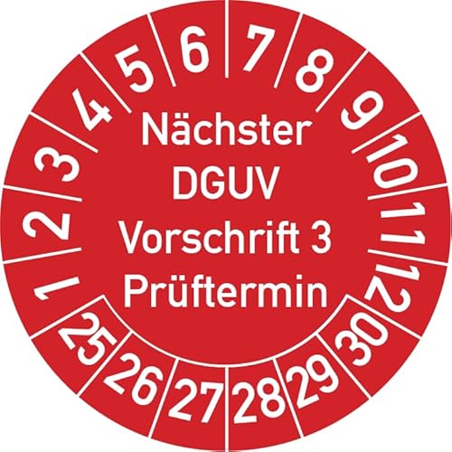 Nächster DGUV Vorschrift 3 Prüftermin Prüfplakette, 100 Stück, in verschiedenen Farben und Größen, Prüfetikett Prüfsiegel Plakette Nächste Prüfung DGUV V3 (20 mm Ø, Rot) von Rosenbaum Offsetdruck