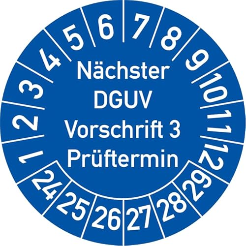 Nächster DGUV Vorschrift 3 Prüftermin Prüfplakette, 100 Stück, in verschiedenen Farben und Größen, Prüfetikett Prüfsiegel Plakette Nächste Prüfung DGUV V3 (25 mm Ø, Blau) von Rosenbaum Offsetdruck