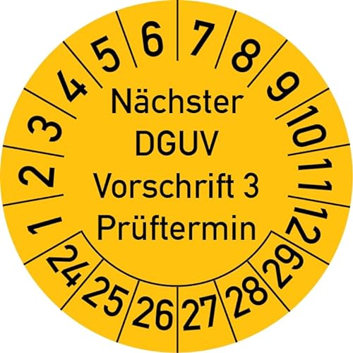 Nächster DGUV Vorschrift 3 Prüftermin Prüfplakette, 100 Stück, in verschiedenen Farben und Größen, Prüfetikett Prüfsiegel Plakette Nächste Prüfung DGUV V3 (30 mm Ø, Gelb) von Rosenbaum Offsetdruck