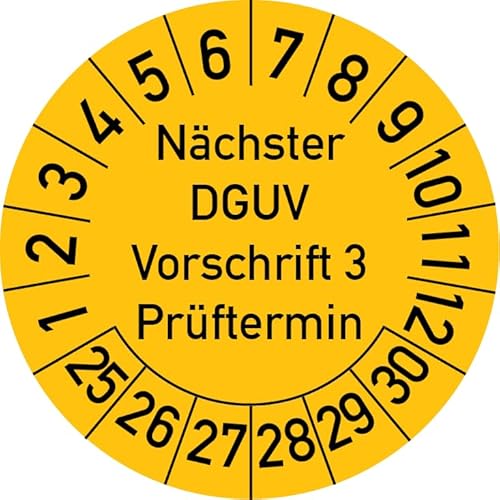 Nächster DGUV Vorschrift 3 Prüftermin Prüfplakette, 100 Stück, in verschiedenen Farben und Größen, Prüfetikett Prüfsiegel Plakette Nächste Prüfung DGUV V3 (30 mm Ø, Gelb) von Rosenbaum Offsetdruck