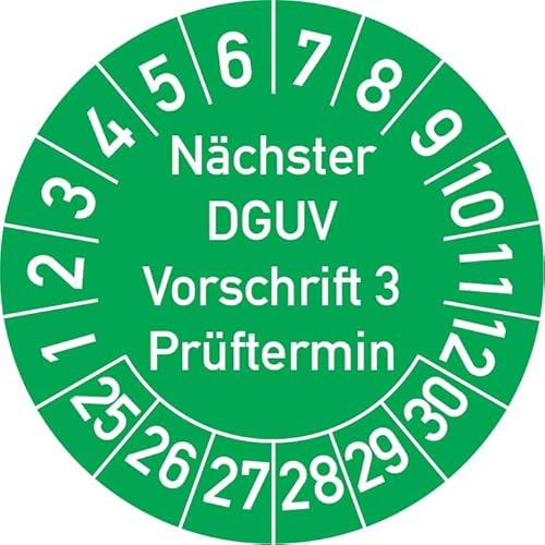 Nächster DGUV Vorschrift 3 Prüftermin Prüfplakette, 100 Stück, in verschiedenen Farben und Größen, Prüfetikett Prüfsiegel Plakette Nächste Prüfung DGUV V3 (35 mm Ø, Grün) von Rosenbaum Offsetdruck
