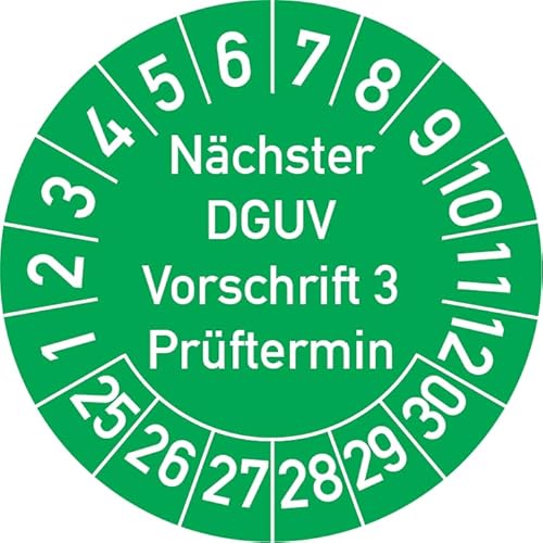 Nächster DGUV Vorschrift 3 Prüftermin Prüfplakette, 250 Stück, in verschiedenen Farben und Größen, Prüfetikett Prüfsiegel Plakette Nächste Prüfung DGUV V3 (20 mm Ø, Grün) von Rosenbaum Offsetdruck