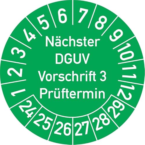 Nächster DGUV Vorschrift 3 Prüftermin Prüfplakette, 250 Stück, in verschiedenen Farben und Größen, Prüfetikett Prüfsiegel Plakette Nächste Prüfung DGUV V3 (25 mm Ø, Grün) von Rosenbaum Offsetdruck