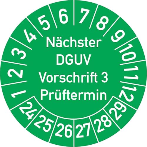 Nächster DGUV Vorschrift 3 Prüftermin Prüfplakette, 250 Stück, in verschiedenen Farben und Größen, Prüfetikett Prüfsiegel Plakette Nächste Prüfung DGUV V3 (30 mm Ø, Grün) von Rosenbaum Offsetdruck