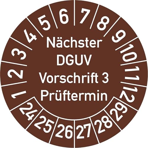 Nächster DGUV Vorschrift 3 Prüftermin Prüfplakette, 500 Stück, in verschiedenen Farben und Größen, Prüfetikett Prüfsiegel Plakette Nächste Prüfung DGUV V3 (20 mm Ø, Braun) von Rosenbaum Offsetdruck