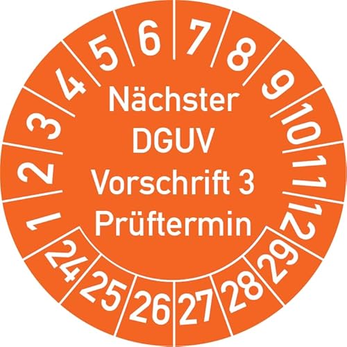 Nächster DGUV Vorschrift 3 Prüftermin Prüfplakette, 500 Stück, in verschiedenen Farben und Größen, Prüfetikett Prüfsiegel Plakette Nächste Prüfung DGUV V3 (20 mm Ø, Orange) von Rosenbaum Offsetdruck