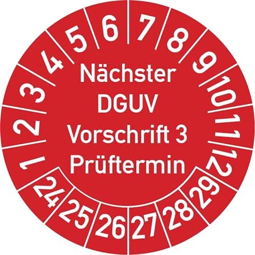 Nächster DGUV Vorschrift 3 Prüftermin Prüfplakette, 500 Stück, in verschiedenen Farben und Größen, Prüfetikett Prüfsiegel Plakette Nächste Prüfung DGUV V3 (20 mm Ø, Rot) von Rosenbaum Offsetdruck