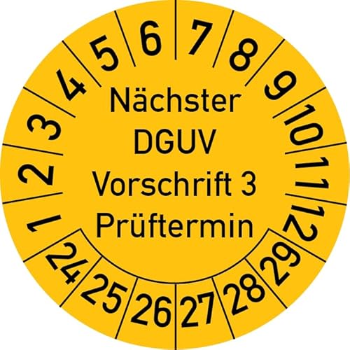 Nächster DGUV Vorschrift 3 Prüftermin Prüfplakette, 500 Stück, in verschiedenen Farben und Größen, Prüfetikett Prüfsiegel Plakette Nächste Prüfung DGUV V3 (25 mm Ø, Gelb) von Rosenbaum Offsetdruck
