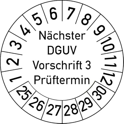 Nächster DGUV Vorschrift 3 Prüftermin Prüfplakette, 500 Stück, in verschiedenen Farben und Größen, Prüfetikett Prüfsiegel Plakette Nächste Prüfung DGUV V3 (30 mm Ø, Weiß) von Rosenbaum Offsetdruck