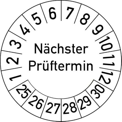 Nächster Prüftermin Prüfplakette, 100 Stück, in verschiedenen Farben und Größen, Prüfetikett Prüfsiegel Plakette (25 mm Ø, Weiß) von Rosenbaum Offsetdruck