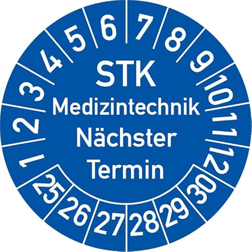 STK Medizintechnik Nächster Termin Prüfplakette, 100 Stück, in verschiedenen Farben und Größen, Prüfetikett Prüfsiegel Plakette STK Prüfung (20 mm Ø, Blau) von Rosenbaum Offsetdruck