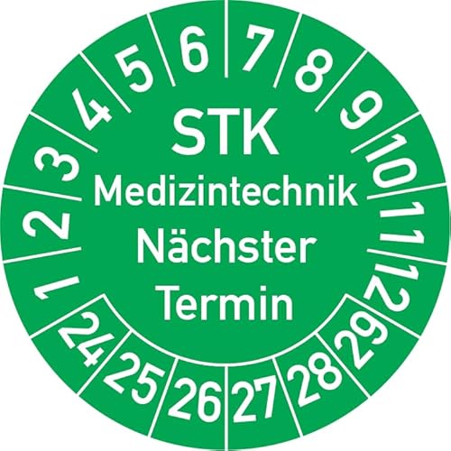 STK Medizintechnik Nächster Termin Prüfplakette, 100 Stück, in verschiedenen Farben und Größen, Prüfetikett Prüfsiegel Plakette STK Prüfung (20 mm Ø, Grün) von Rosenbaum Offsetdruck