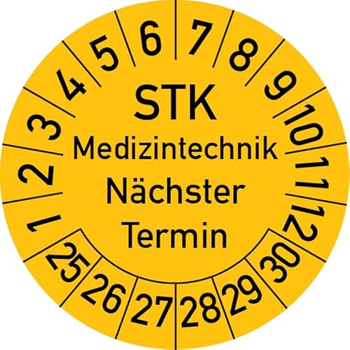 STK Medizintechnik Nächster Termin Prüfplakette, 100 Stück, in verschiedenen Farben und Größen, Prüfetikett Prüfsiegel Plakette STK Prüfung (30 mm Ø, Gelb) von Rosenbaum Offsetdruck