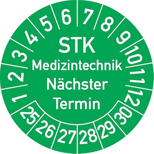 STK Medizintechnik Nächster Termin Prüfplakette, 100 Stück, in verschiedenen Farben und Größen, Prüfetikett Prüfsiegel Plakette STK Prüfung (30 mm Ø, Grün) von Rosenbaum Offsetdruck