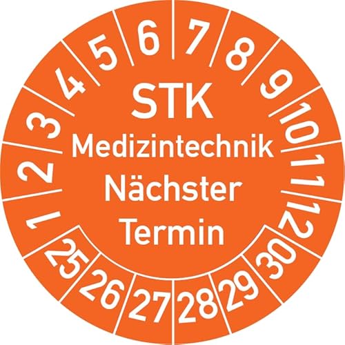 STK Medizintechnik Nächster Termin Prüfplakette, 100 Stück, in verschiedenen Farben und Größen, Prüfetikett Prüfsiegel Plakette STK Prüfung (30 mm Ø, Orange) von Rosenbaum Offsetdruck