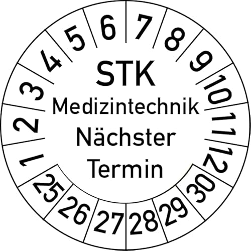 STK Medizintechnik Nächster Termin Prüfplakette, 100 Stück, in verschiedenen Farben und Größen, Prüfetikett Prüfsiegel Plakette STK Prüfung (30 mm Ø, Weiß) von Rosenbaum Offsetdruck