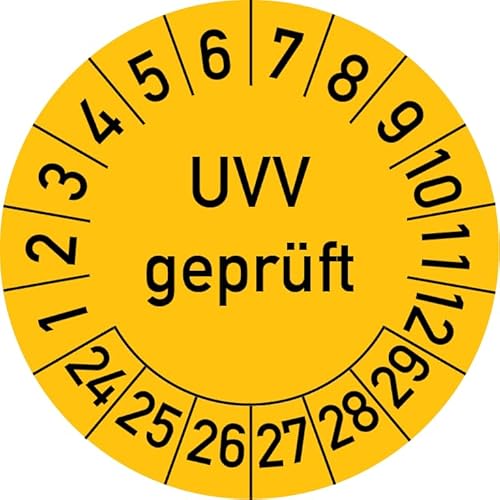 UVV Geprüft Prüfplakette, 100 Stück, in verschiedenen Farben und Größen, Prüfetikett Prüfsiegel Plakette (25 mm Ø, Gelb) von Rosenbaum Offsetdruck