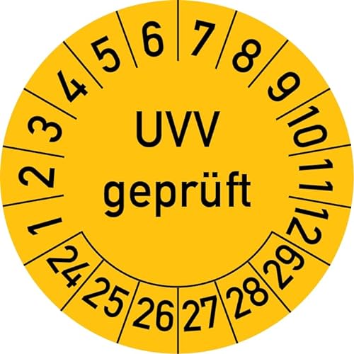 UVV Geprüft Prüfplakette, 100 Stück, in verschiedenen Farben und Größen, Prüfetikett Prüfsiegel Plakette (30 mm Ø, Gelb) von Rosenbaum Offsetdruck