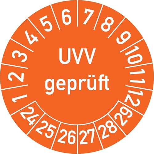 UVV Geprüft Prüfplakette, 100 Stück, in verschiedenen Farben und Größen, Prüfetikett Prüfsiegel Plakette (30 mm Ø, Orange) von Rosenbaum Offsetdruck